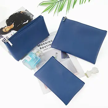 Custom Navy Blue PU Leather Cosmetic Pouch Set | Premium Leather Toiletry Bag OEM Manufacturer