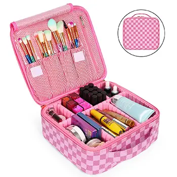 Custom Pink Checkered Makeup Organizer With Adjustable Compartments | OEM Cosmetic Bag Manufacturer