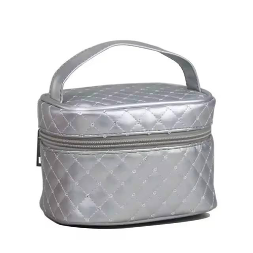 OEM New Style Grid Waterproof Pretty Makeup Bags Silver Girls Leather Cosmetic Bags