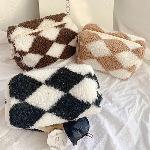 Wholesale Sherpa Fleece Makeup Bag | Diamond Pattern Cosmetic Pouch for Beauty Brands & Retailers