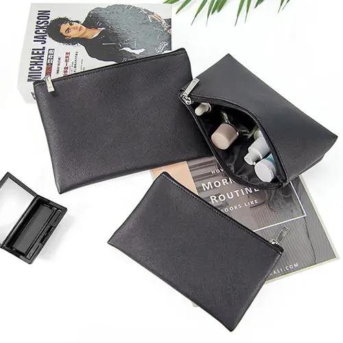 Custom Navy Blue PU Leather Cosmetic Pouch Set | Premium Leather Toiletry Bag OEM Manufacturer