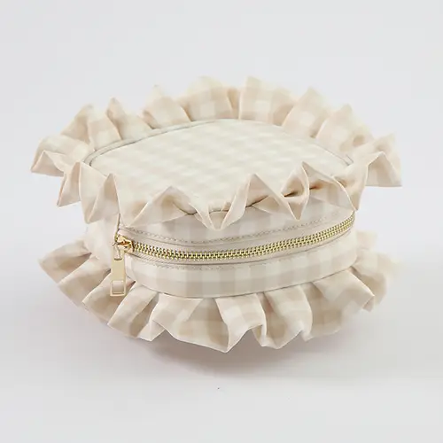 Wholesale Gingham Cosmetic Bag with Ruffle Trim | Stylish & Durable Travel Makeup Organizer for Beauty Brands & Retailers