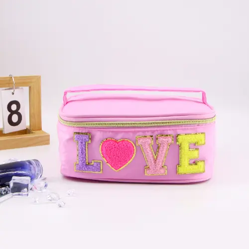 Girly Heart Custom Outdoor Hanging Makeup Bag With Letter Patches
