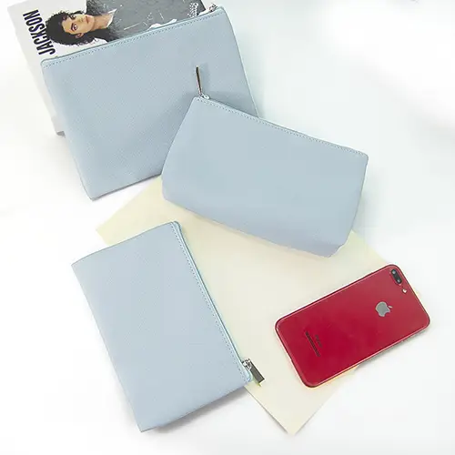 Custom Navy Blue PU Leather Cosmetic Pouch Set | Premium Leather Toiletry Bag OEM Manufacturer