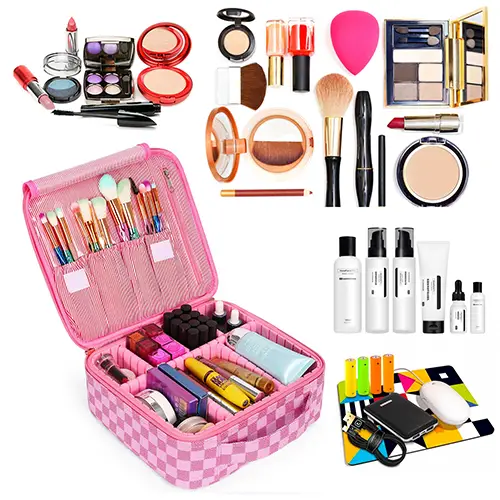 Custom Pink Checkered Makeup Organizer With Adjustable Compartments | OEM Cosmetic Bag Manufacturer