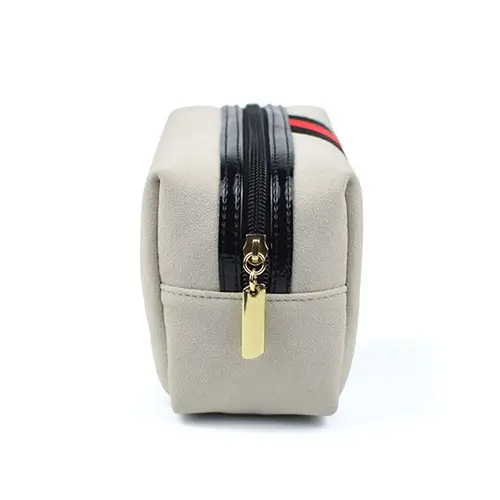 Custom Compact PU Leather Cosmetic Bag with Bold Stripe Design for Beauty Brands