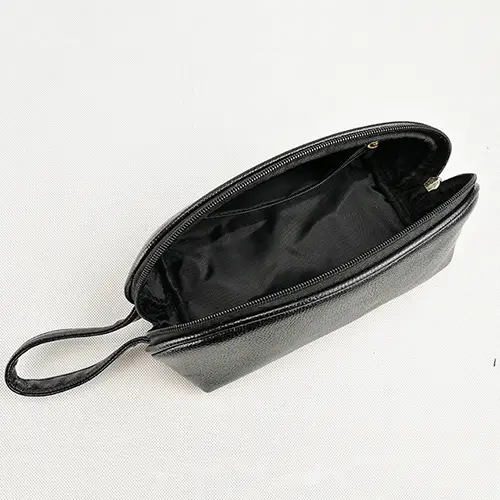 Black Vegan Leather Custom Slender Travel Wholesale Cute Makeup Pouch Bags 