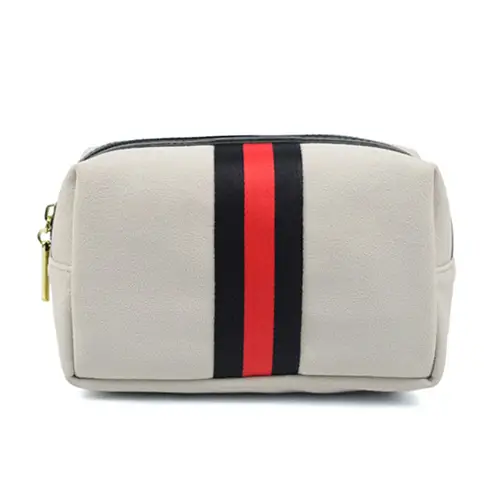 Custom Compact PU Leather Cosmetic Bag with Bold Stripe Design for Beauty Brands