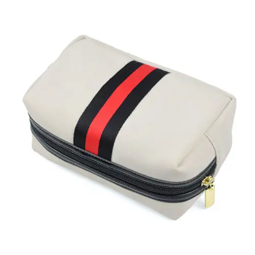 Custom Compact PU Leather Cosmetic Bag with Bold Stripe Design for Beauty Brands