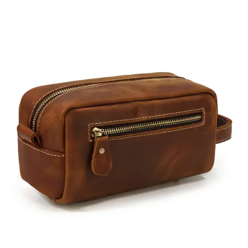 Most Quality Solid Color Simple Wear Resistant Men Genuine Leather Cosmetic Bag