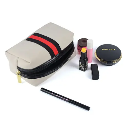 Custom Compact PU Leather Cosmetic Bag with Bold Stripe Design for Beauty Brands