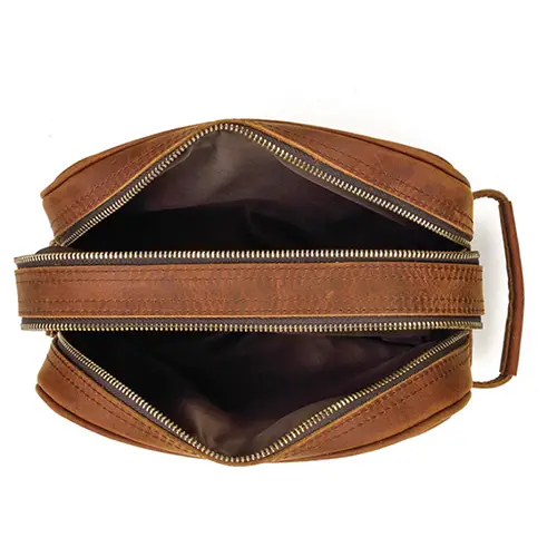 Bearky Travel Durable Crazy Horse Skincare Genuine Leather Makeup Bag