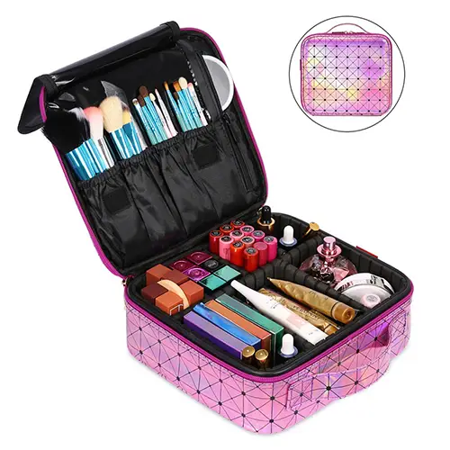 Custom Pink Checkered Makeup Organizer With Adjustable Compartments | OEM Cosmetic Bag Manufacturer
