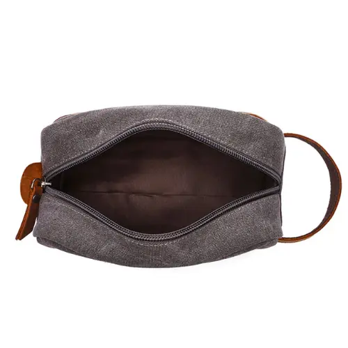 Vintage Leather Canvas Travel Mens Minimalist Toiletry Plain Makeup Bag