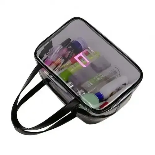 Vinyl Hanging Large Cosmetic Case Bag Fashion Waterproof Black Clear Toiletry Bag